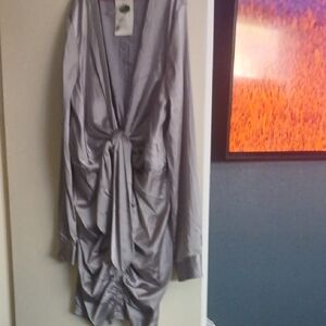 Satin-Look Silver Gray Knot-Front Long Sleeve Top